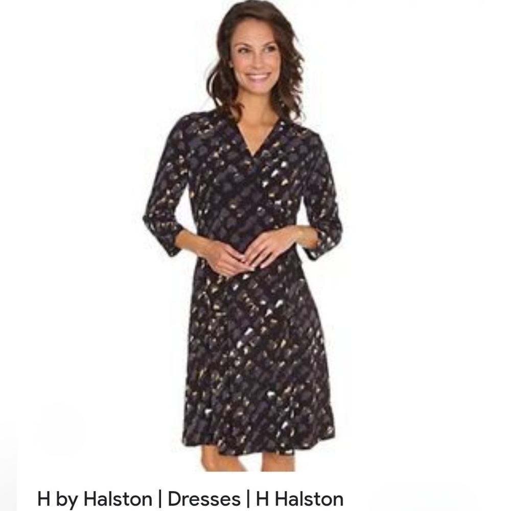 H by Halston Black and Gold Long Sleeve Wrap Dress, Womens XL office flattering